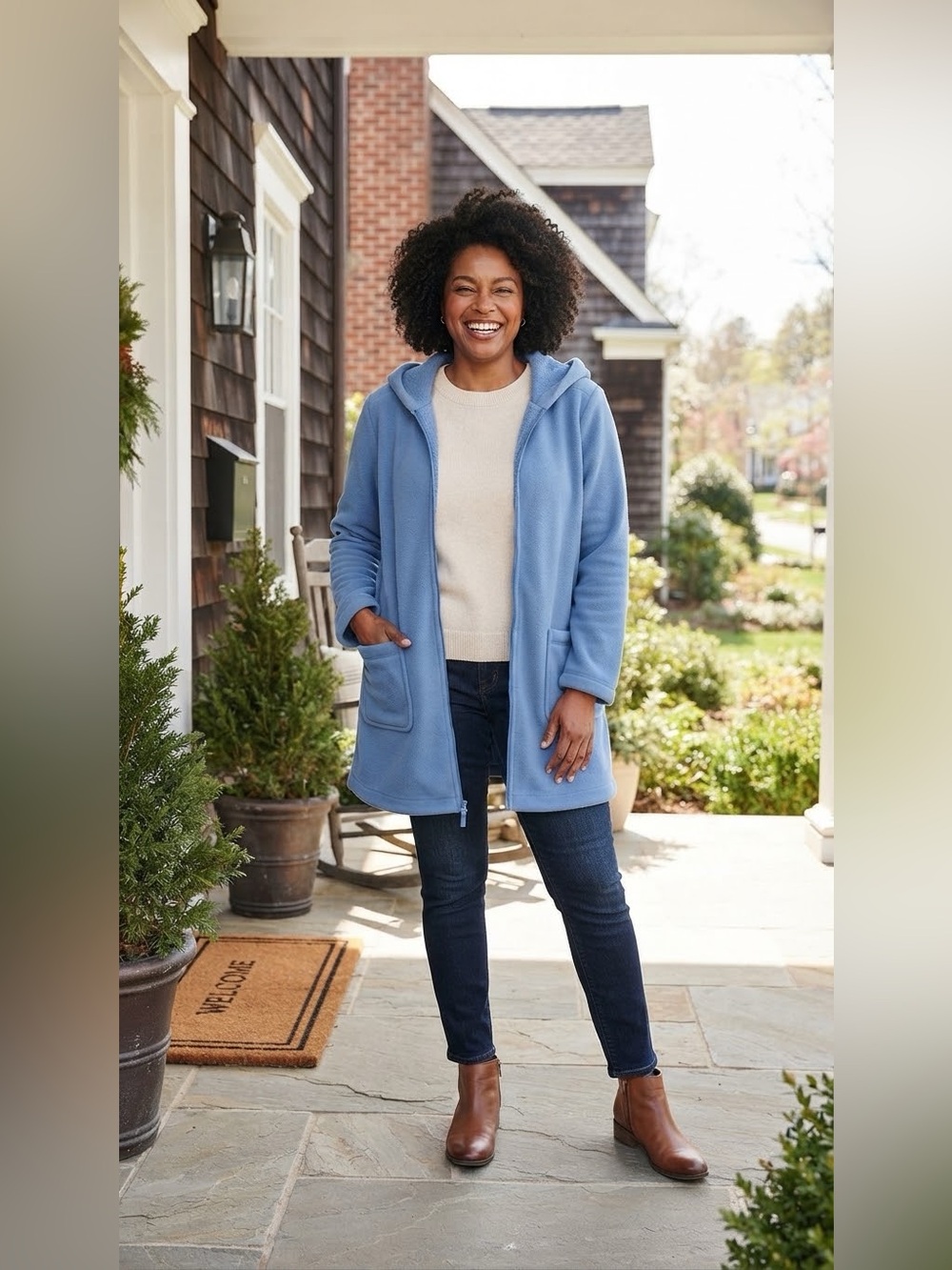 Denim & Co.® Women’s Full Zip Hooded Fleece Jacket Coat Blue XL NEW